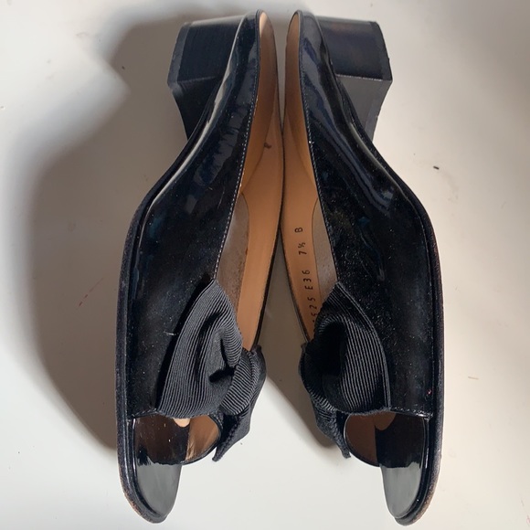 SALVATORE FERRAGAMO VERA VARA HEELS MULE PEEP TOE SLIP ON BLACK RIBBON BOW 7.5 B - Picture 14 of 16
